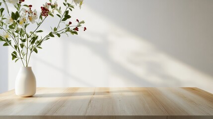 Aufkleber - Soft White Wooden Table for Product Display in Cozy Floral-Themed Room with Warm Ambient Light and Inviting Atmosphere