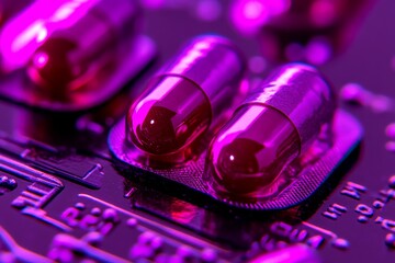 Sticker - Futuristic pink pills on a neon lit motherboard reflecting advanced pharmaceutical technology