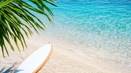 Wall Mural - a white surfboard is laying on the beach next to a palm tree