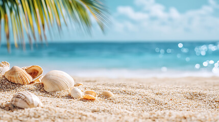 Wall Mural - a beach scene with shells and a palm tree in the background