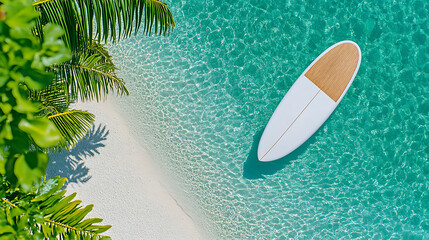 Wall Mural - a white surfboard is floating in the ocean near a palm tree