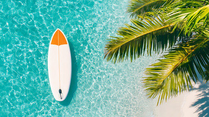 Wall Mural - a surfboard is floating in the ocean next to a palm tree