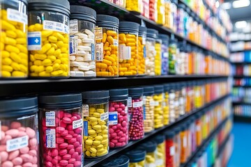 Sticker - Pharmacy shelves stocked with colorful product packages under bright lights