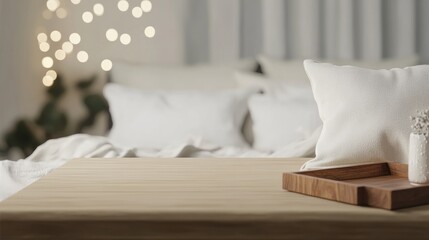 Aufkleber - Warm Beige Wooden Table Surface for Product Display in Cozy Morning Bedroom with Soft Lighting and Bokeh Effect