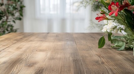 Aufkleber - Rustic Wooden Table with Floral Decorations in a Cozy, Inviting Room for Product Display – Bright Day with Warm Ambient Light, Overhead View
