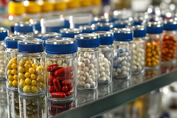 Sticker - Assorted medicine capsules and vitamins in a grocery store setting under bright lights