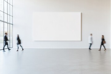 Aufkleber - Indoor Mockup of Empty Light Gray Wall with Smooth Texture Featuring Motion Blur People Passing in Calm Natural Daylight