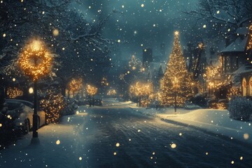 A snowy evening in a festive neighborhood adorned with twinkling lights and a majestic tree