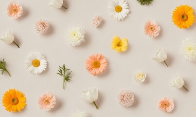 Poster - Cheerful Seamless Floral Pattern of Colorful Spring and Summer Flowers Including Daisies, Tulips, and Sunflowers on Light Background