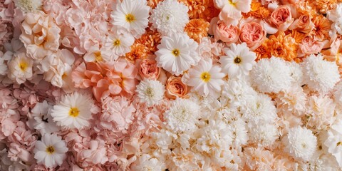 Poster - Vibrant Floral Background Close-up of Lush Blooming Flowers Including Roses, Daisies, and Tulips – Nature’s Beauty, Daytime, Cheerful Atmosphere