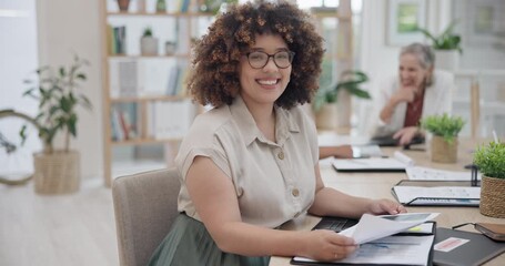 Sticker - Face, business and woman with documents, smile and working with project, finance proposal and budget. Portrait, person and employee with paperwork, accounting and career in a workplace and report