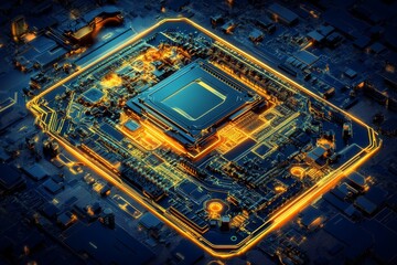 Poster - High tech chip architecture with vibrant neon detailing showcasing cutting edge electronic design