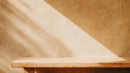 Poster - Warm Morning Light on Bright Beige Table Surface Creating Serenity and Calmness in a Minimalist Setting