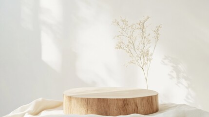 Aufkleber - Serene Minimalist Mockup Featuring Textured Wooden Podium with Delicate Beige Flowers on Cream Background, Illuminated by Soft Natural Light