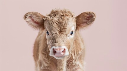 Wall Mural - Fluffy calf on a light pink background 32k, full ultra HD, high resolution