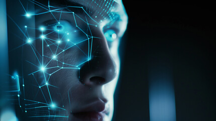 Poster - futuristic facial recognition system scanning a man's face, high-end technology