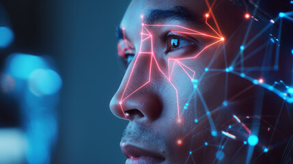 Poster - futuristic facial recognition system scanning a man's face, high-end technology
