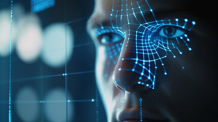 Poster - futuristic facial recognition system scanning a man's face, high-end technology 