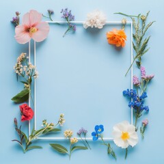 A blue background with a frame of flowers and leaves