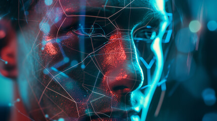 Poster - futuristic facial recognition system scanning a man's face, high-end technology