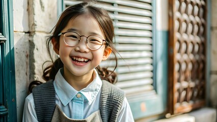 Wall Mural - Happy Asian Girl with Glasses Smiling.