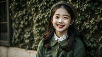 Wall Mural - Portrait of a Smiling Young Woman in a Green Jacket.