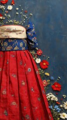 Wall Mural - Detailed traditional red and blue floral dress displayed against an artistic floral background highlighting cultural elegance