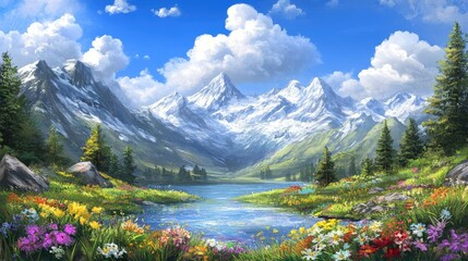 beautiful mountain landscape with lake and flowers and clouds