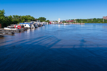 boats docked in mississippi river at harriet island in saint paul minnesota