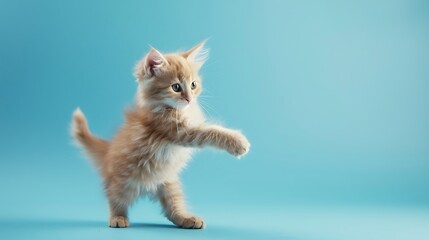 Fluffy kitten playing on a pastel blue background 32k, full ultra HD, high resolution