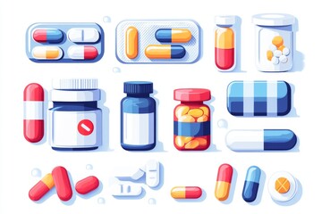 Wall Mural - Simplified Pharmaceutical Icons Set Against a Neutral Background Suitable for Medical Infographics