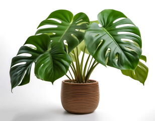 Monstera deliciosa plant in a pot isolated on white background