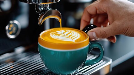 Wall Mural - Barista pouring espresso into a cup with latte art.