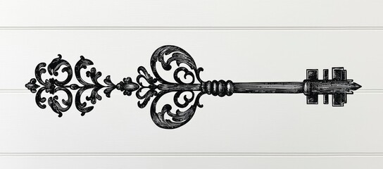 Ornate Black and White Sketch of a Key