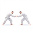© Preeyanuch - Two martial artists in white uniforms bowing and touching fists, showcasing respect and discipline in martial arts on a white background.
