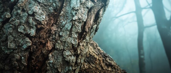 Worn tree bark with misty forest blur, earthy tones, Top Natural Surface, Woodland Mystery