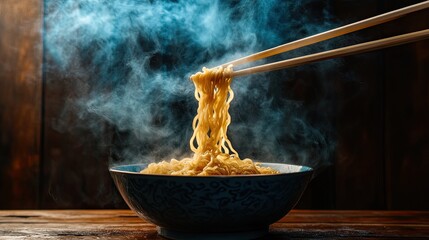 Canvas Print - Chopsticks grasping hot, steaming noodles from a bowl, with smoke adding a sense of warmth and comfort, set against a dark wooden background.