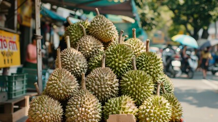 Wall Mural - A pile of durians displayed at a roadside stall in Southeast Asia