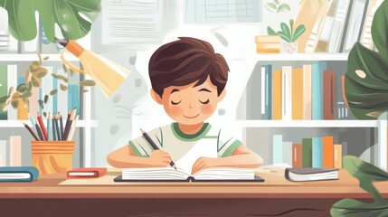 boy doing homework at home classroom or study environment