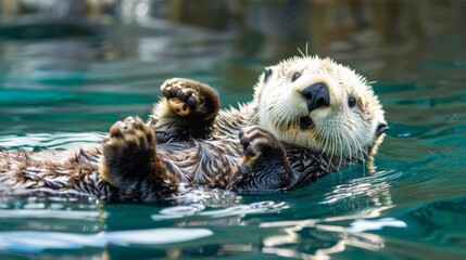 A playful sea otter floating on its back, holding a shell