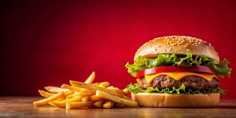 Close-up of a delicious burger and fries on a vibrant red backdrop, juicy, tasty, fast food, hamburger