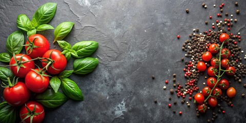 Wall Mural - Fresh cherry tomatoes with basil and black pepper on a stone table, top view, cherry tomatoes, basil leaves, black pepper