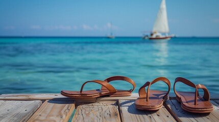 Capture the essence of a laid-back summer lifestyle with caps, sunglasses, and the serene water coastline, all set against a crisp white background.