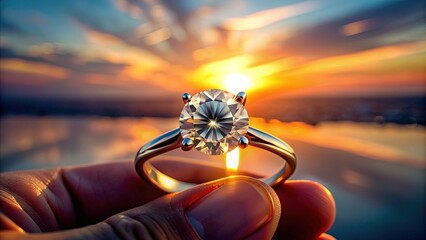 Wall Mural - A luxurious diamond ring sits atop a delicate finger, its brilliant facets glinting against a sleek, mysterious silhouette at sunset.