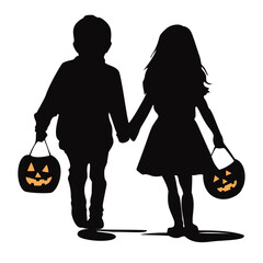  silhouette of two kids holding hands and carrying Halloween basket