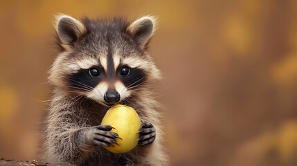 Little raccoon with a fruit on a soft brown background 32k, full ultra HD, high resolution