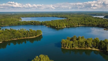 water is a bright blue color and the islands are covered in trees.