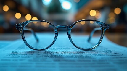 Close up of a medical research paper and glasses knowledge in medicine