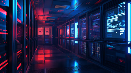 Poster - a digital fortress or secure server room with fortified walls, biometric access points, and surveill