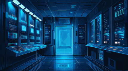 Fototapete - a digital fortress or secure server room with fortified walls, biometric access points, and surveill